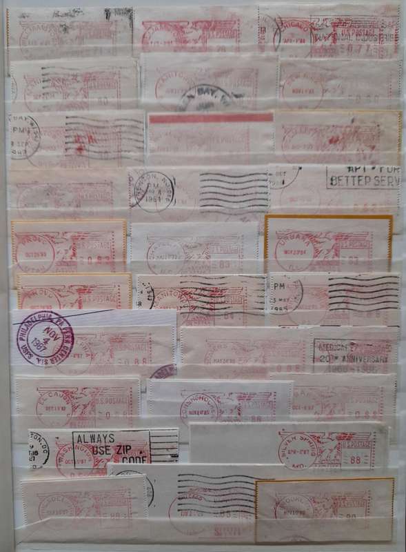 Over 160 United States Mixed Meter Mail Stamps 1959  1998 fr. all over the United States of America