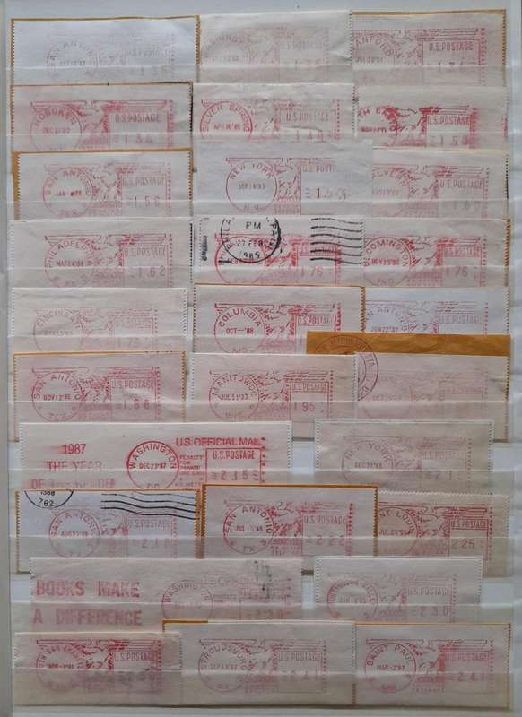 Over 160 United States Mixed Meter Mail Stamps 1959  1998 fr. all over the United States of America