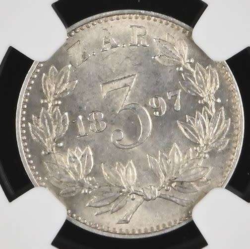 1897 ZAR Threepence (Tickey // 3d) NGC graded MS62