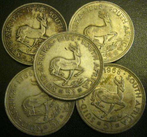 **R1 START** 5 South Africa 1958 Silver 5 Shilling coins.