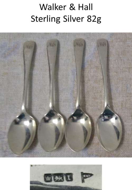 4 Walker & Hall Sterling Silver Teaspoons - 82g  -C  Pics 4 Condition