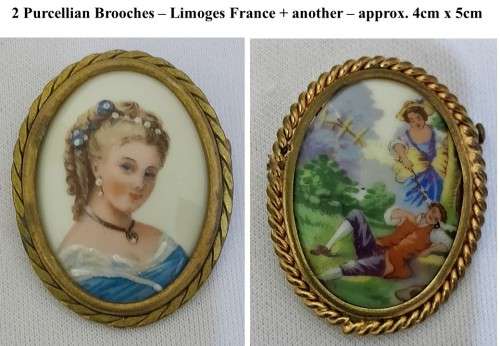 2 x Porcellian Brooches - a Limoges France & another - 4cm x 5cm - see pictures