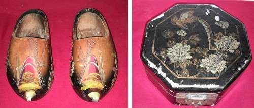 A CHINESE JEWELLERY BOX & A DUTCH WOODEN CLOGS - see pictures