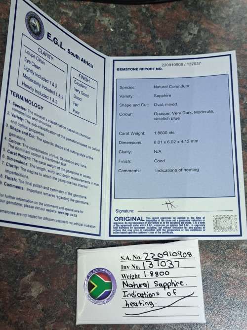 Natural sapphire 1.88ct good grading bargain starting at R1