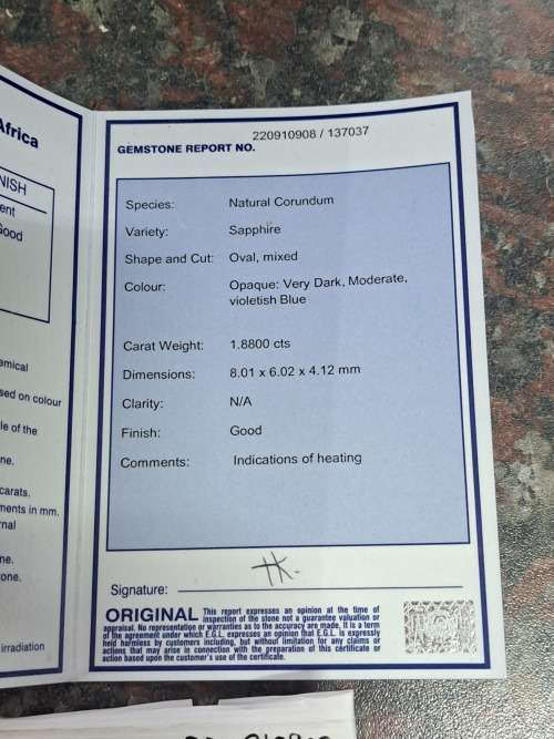 Natural sapphire 1.88ct good grading bargain starting at R1