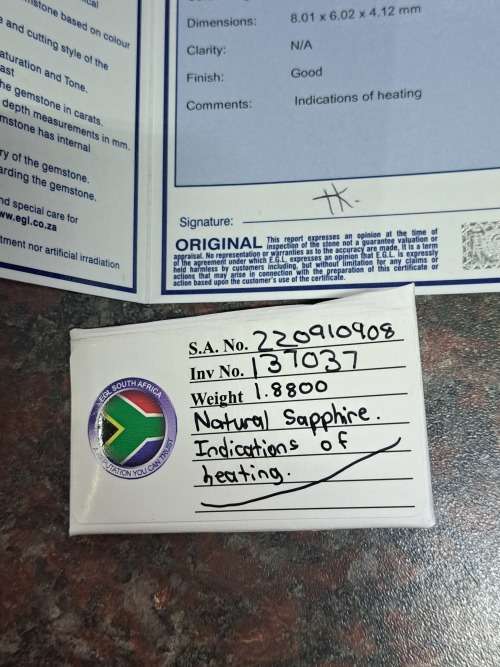 Natural sapphire 1.88ct good grading bargain starting at R1