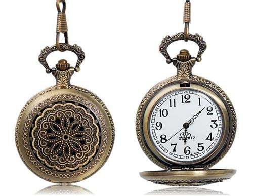 Bronze Cut-out Flower Design Round Quartz Analog Pocket Watch