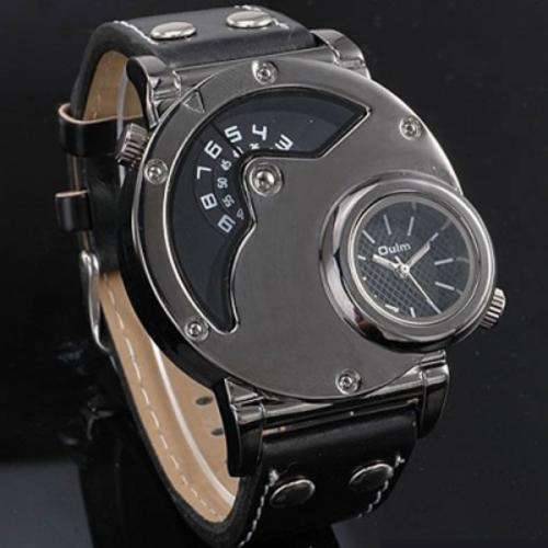Trendy OULM Multi-Function Quartz Men's 2 Time Zone Military Army Quartz Sport Wristwatch - Black
