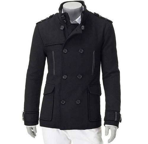 Stylish Double Breasted Stand Collar Wool Middle Length Coat Black