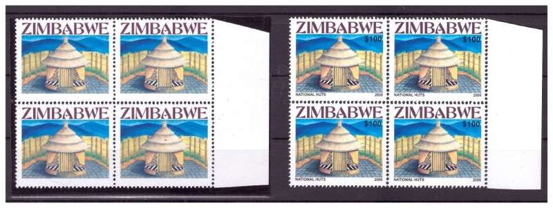 ZIMBABWEZIMBABWE 2006 NATIONAL HUTS $100 MAJOR ERROR - BLACK PRINTING OMITTED BLOCK OF 4