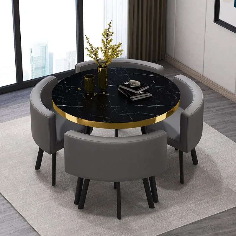Bella 4 Seater Dining Set PU Leather Seats & Marble Finish - Black