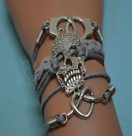GREY INFINITY BRACELET TEXTURED SKULL WITH HANDCUFFS