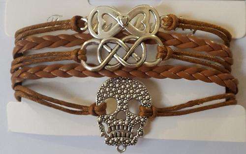 BROWN DOUBLE INFINITY BRACELET TEXTURED SKULL