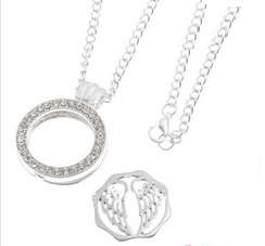 Sweater Necklace No Glass Floating Angel Wings Disc Locket with Rhinestones on Chain