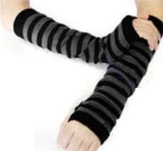 Pair of Long Sleeve Style Fingerless Gloves Black and Grey Stripe