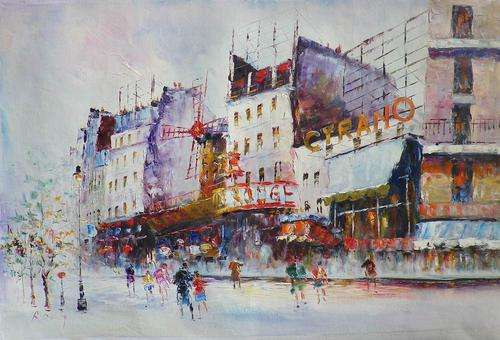 Mouline Rouge by R Devey. oil on canvas