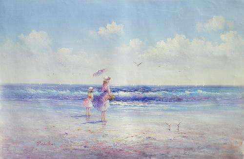 Walk on the beach by P Watson. Oil on canvas