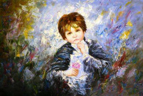 Boy with pink flower by  W Adam. Oil 90 x 60 cm.
