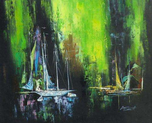 Yachts at night by A Smith. Oil on canvas.