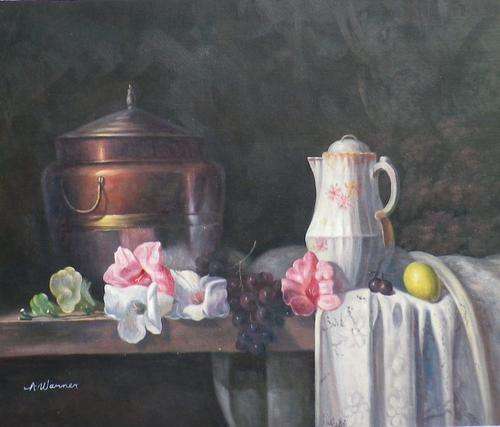 Still life by A Warner..  Oil on canvas.