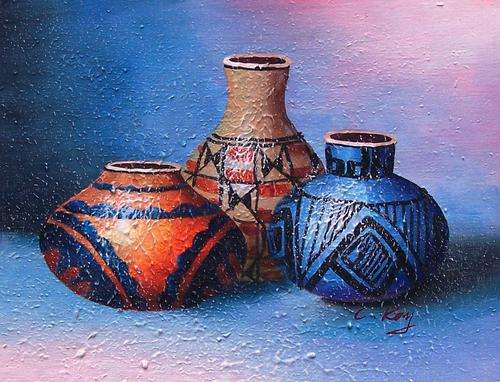 Ethnic pots byC Kay. Mixed technique on canvas.
