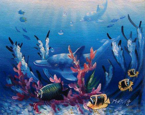 Dolphins and reef fish by Morley. Oil on canvas