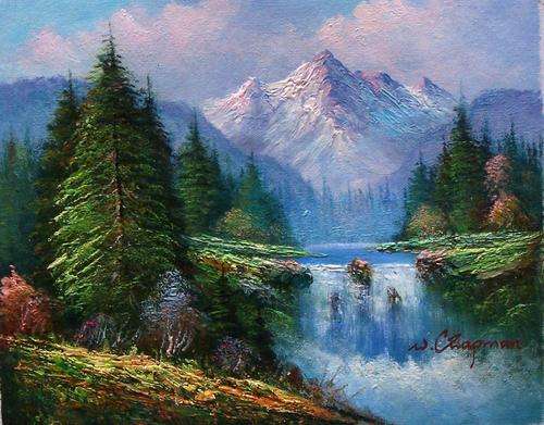 Landscape with waterfall by W Chapman.Oil on canvas.