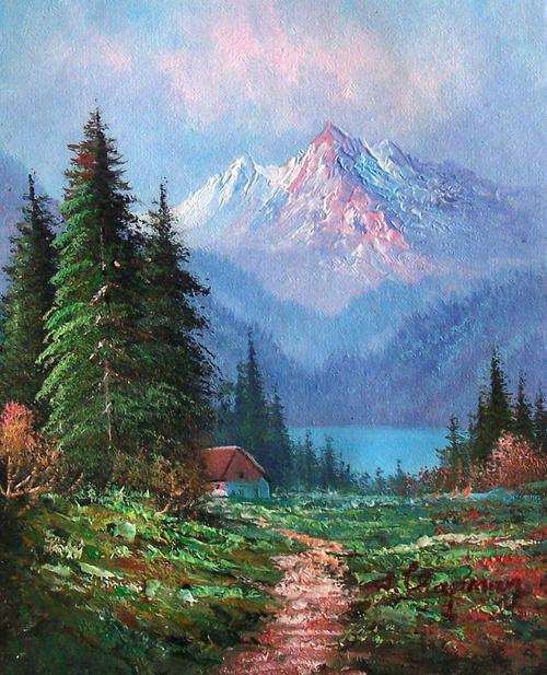 Lanscape with mountain and hut by W Chapman. Oil on canvas.