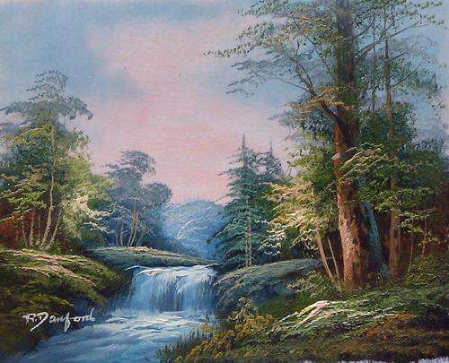 Landscape with waterfall by R Dunford. Oil painting on canvas.