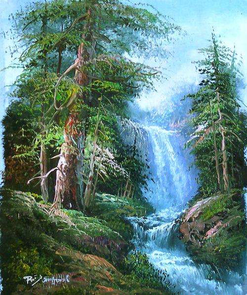 Landscape with waterfall by R Dunford. Oil painting on canvas.