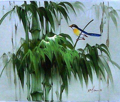 Bird on bamboo by R Hall . Oil on canvas.