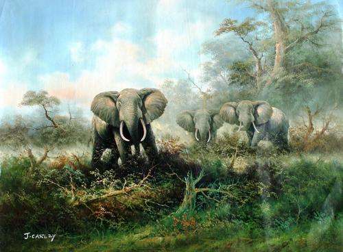 Elephants by J Carley. LARGE!!! oil painting on canvas.