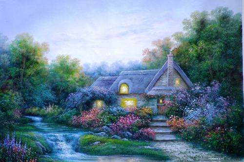 Large!!! oil painting. Cottage in garden at night by Marten .