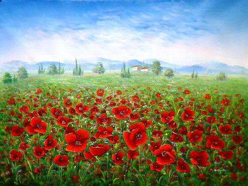 Sea of poppis by C Benolt. Large oil painting on canvas.