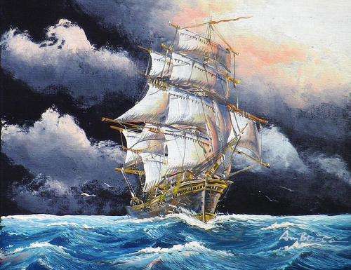 Clipper at night by Ambrose . Oil on canvas.