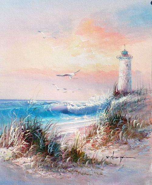 Lighthouse by J Thompson. Oil on canvas.