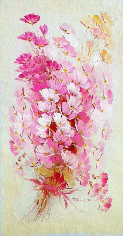 Cosmos flowers by David Forbes . Oil on canvas.