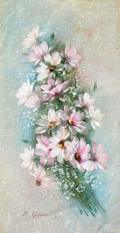 Cosmos flowers by M Hudson . Oil on canvas.