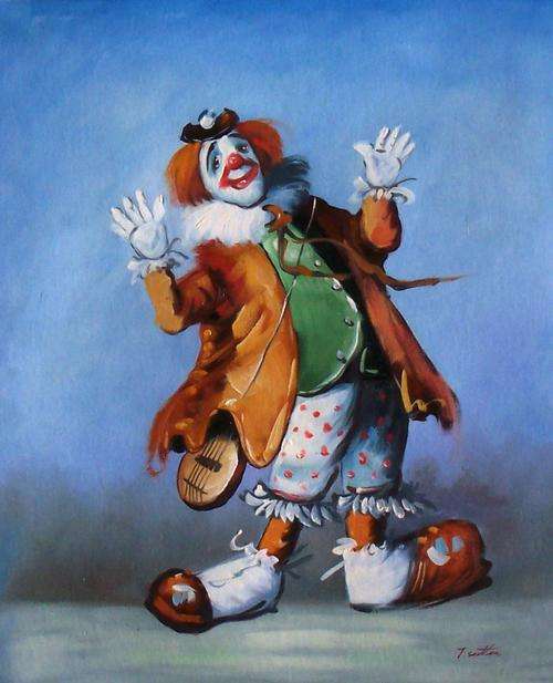 Clown by T Sutton, oil on canvas 52x62 cm, unframed.
