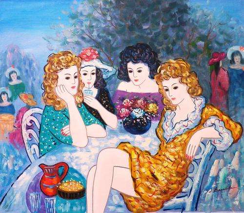 Ladies in cafe by J Garrah. Oil on canvas.