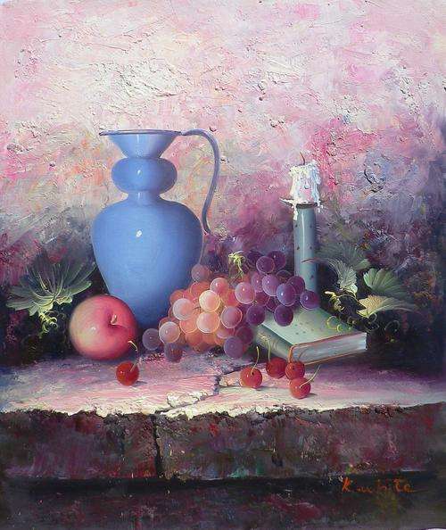 Still life with fruits and candle. Oil on canvas.