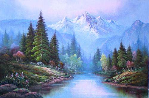 Landscape with mountain by P Warden. Oil on canvas.