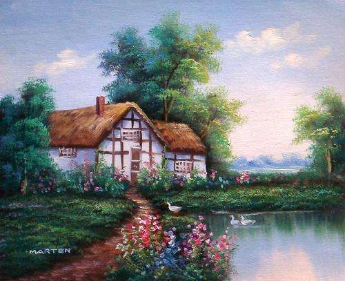 Cottage with ducks by Marten. Oil on canvas 26 x 21 cm.