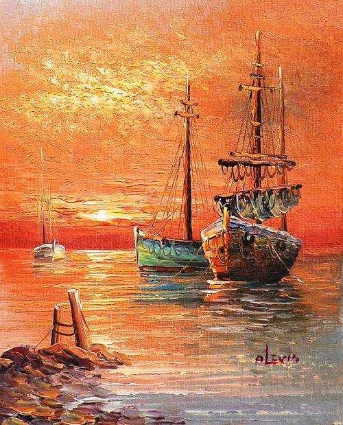 Yachts at sunset by Alexis . Oil on canvas 26 x 21 cm.
