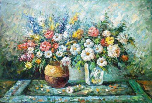 Two vasas with flowers by W Adam. Oil on canvas 92 x 62 cm.