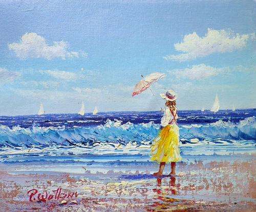 Girl with umbrella. Oil on canvas 26 x 21 cm. by P Watkins.