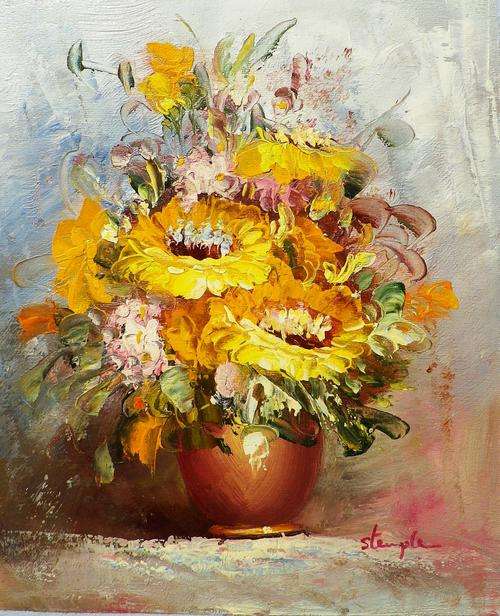 Sunflowers by Stemple. Oil on canvas 26 x 21 cm.