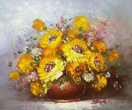 Sunflowers by Stemple. Oil on canvas 26 x 21 cm.