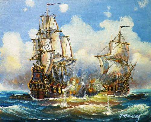 Sea battle by J Harvey. Oil on canvas 26 x 21 cm.