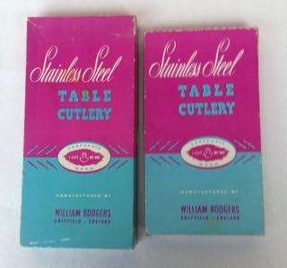 VINTAGE SETS OF WILLIAM RODGERS SHEFFIELD FAUX IVORY BOXED SET OF 6 TABLE KNIVES & 6 DESSERT KNIVES